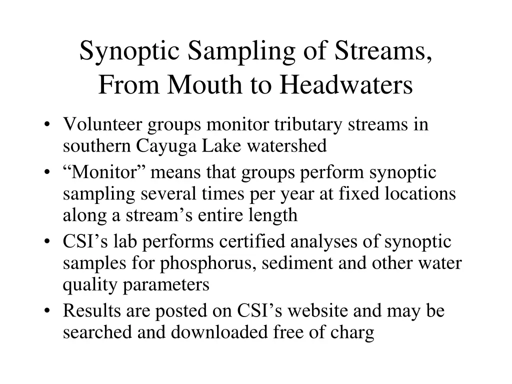 synoptic sampling of streams from mouth