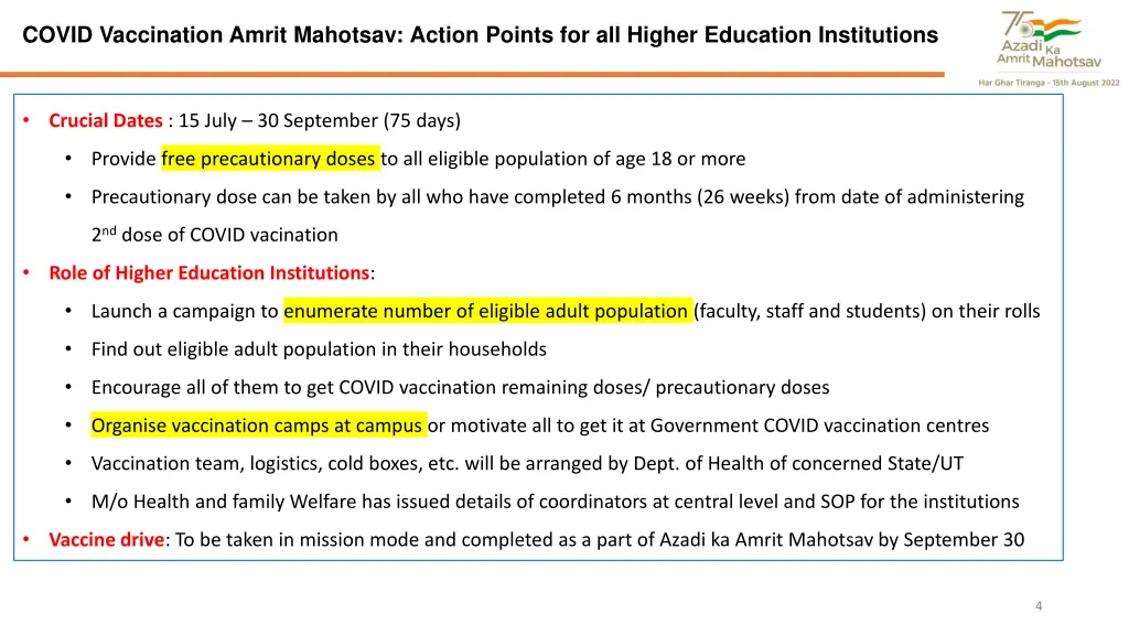 covid vaccination amrit mahotsav action points