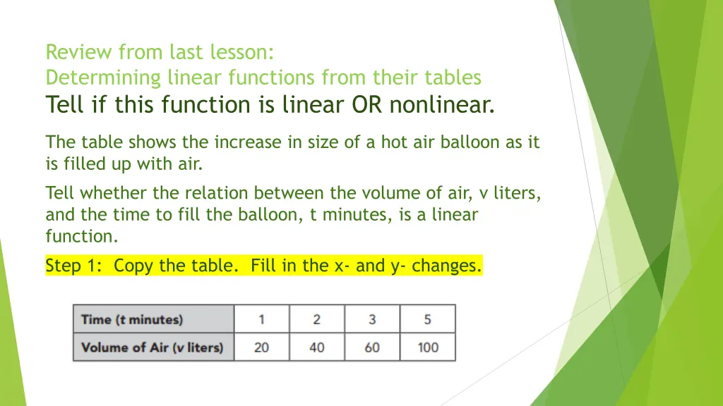 review from last lesson determining linear