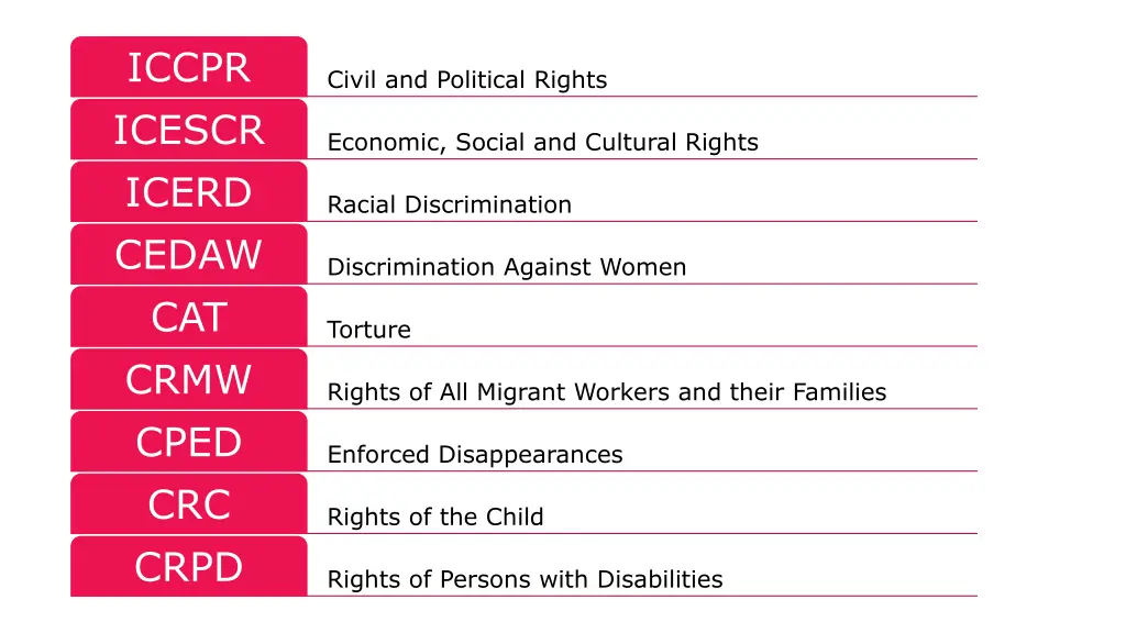 iccpr icescr icerd cedaw cat crmw cped crc crpd