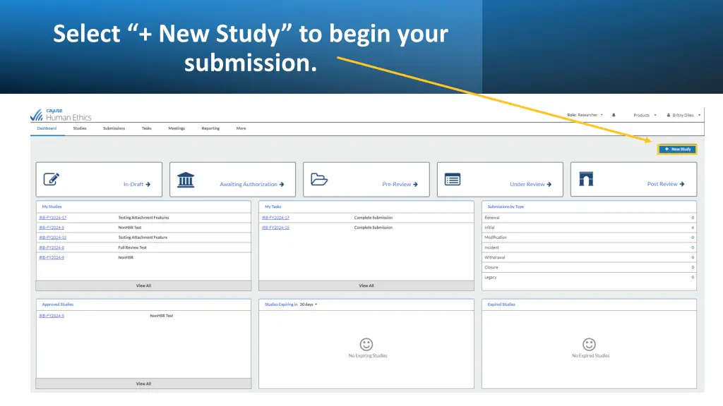 select new study to begin your submission