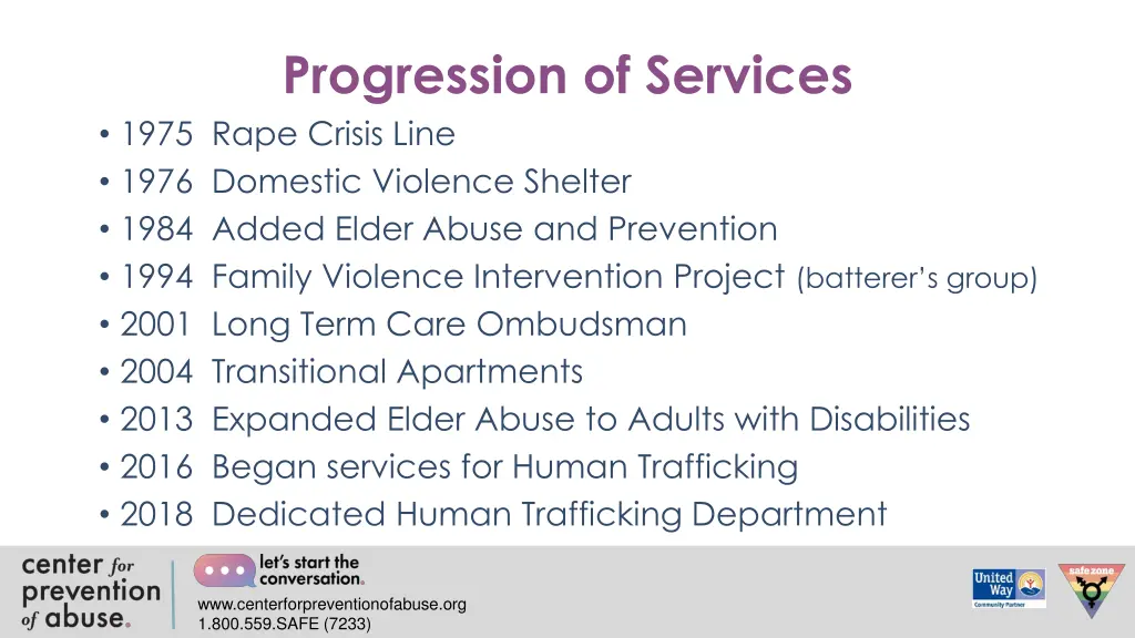 progression of services 1975 rape crisis line