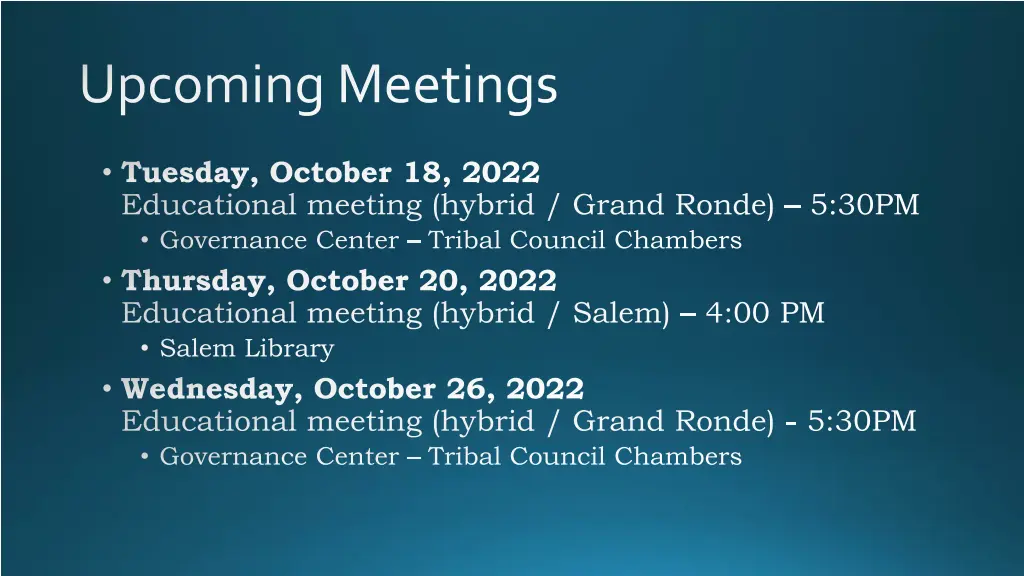 upcoming meetings