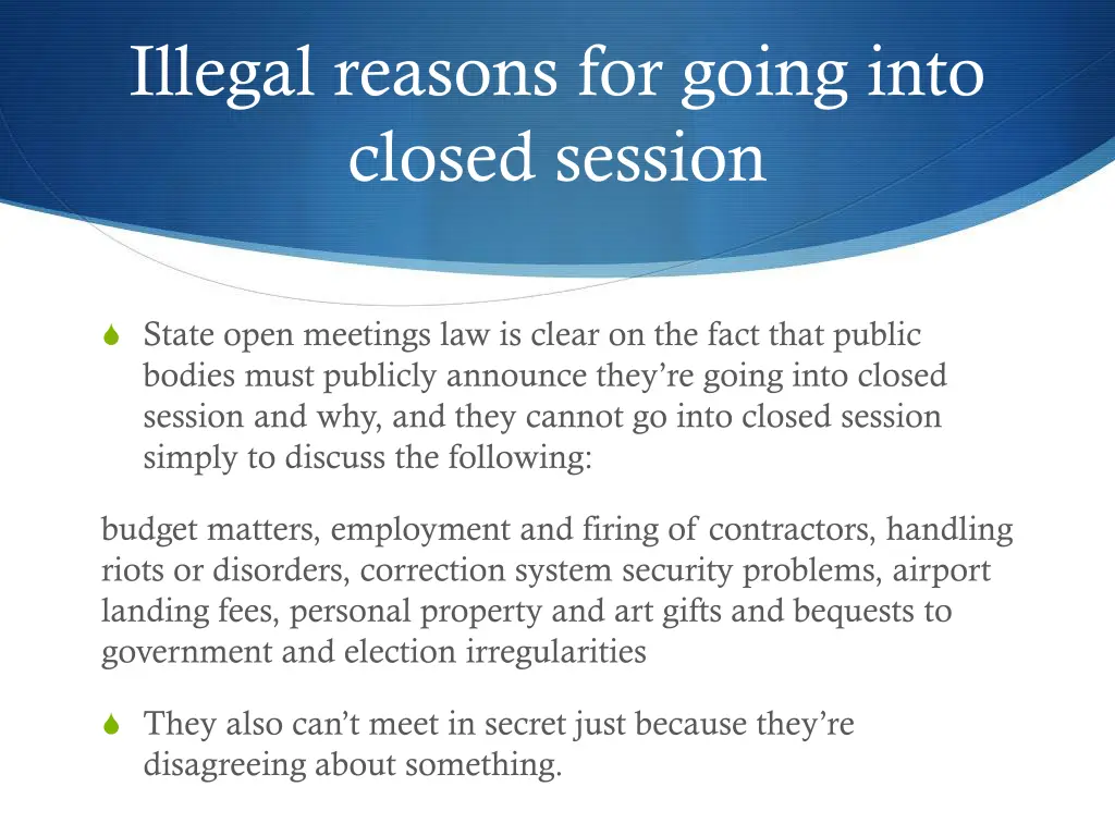 illegal reasons for going into closed session