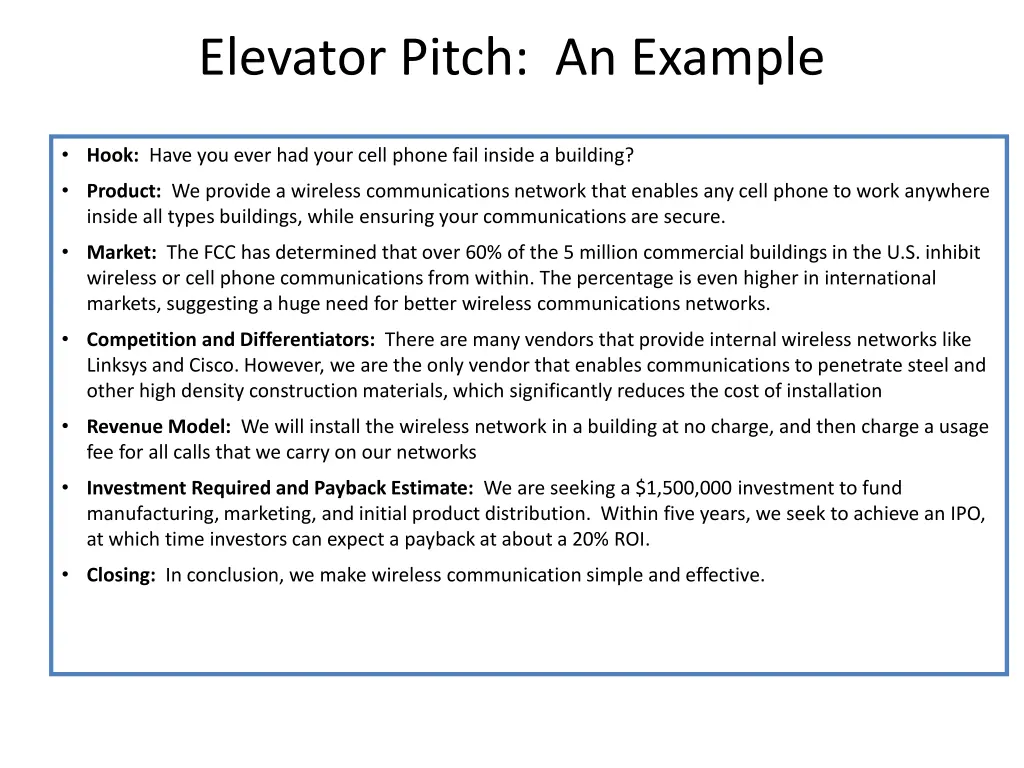 elevator pitch an example