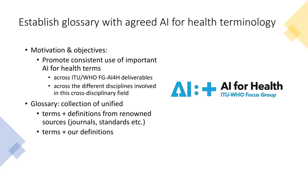 establish glossary with agreed ai for health