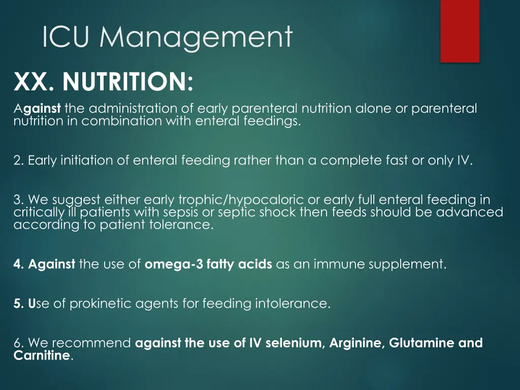 icu management xx nutrition a gainst