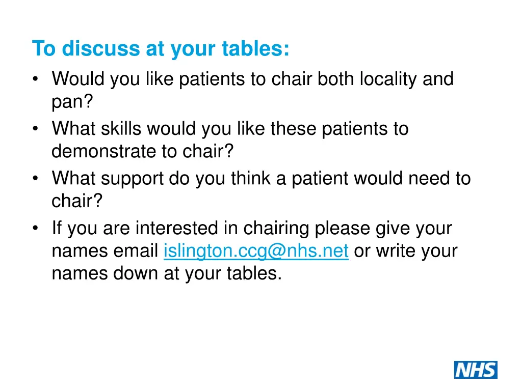 to discuss at your tables would you like patients