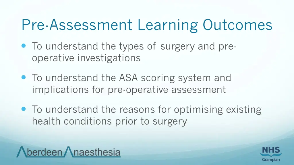 pre assessment learning outcomes