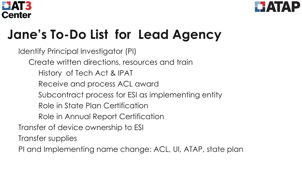 jane s to do list for lead agency