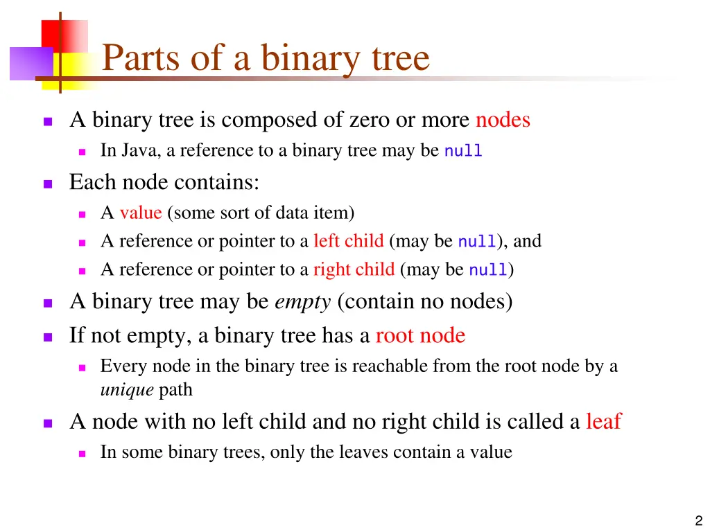 parts of a binary tree