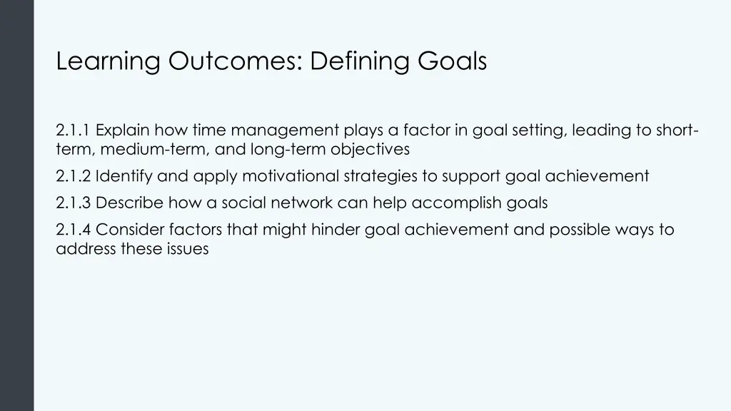 learning outcomes defining goals