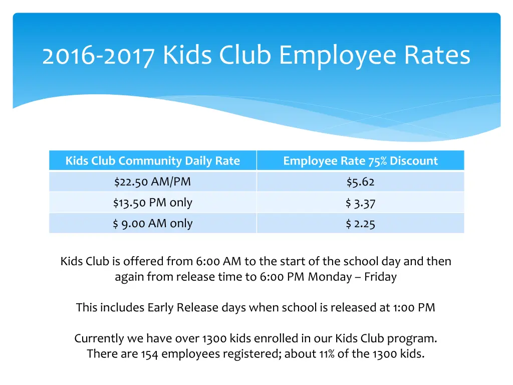 2016 2017 kids club employee rates