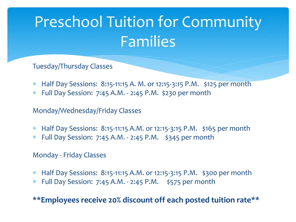 preschool tuition for community families