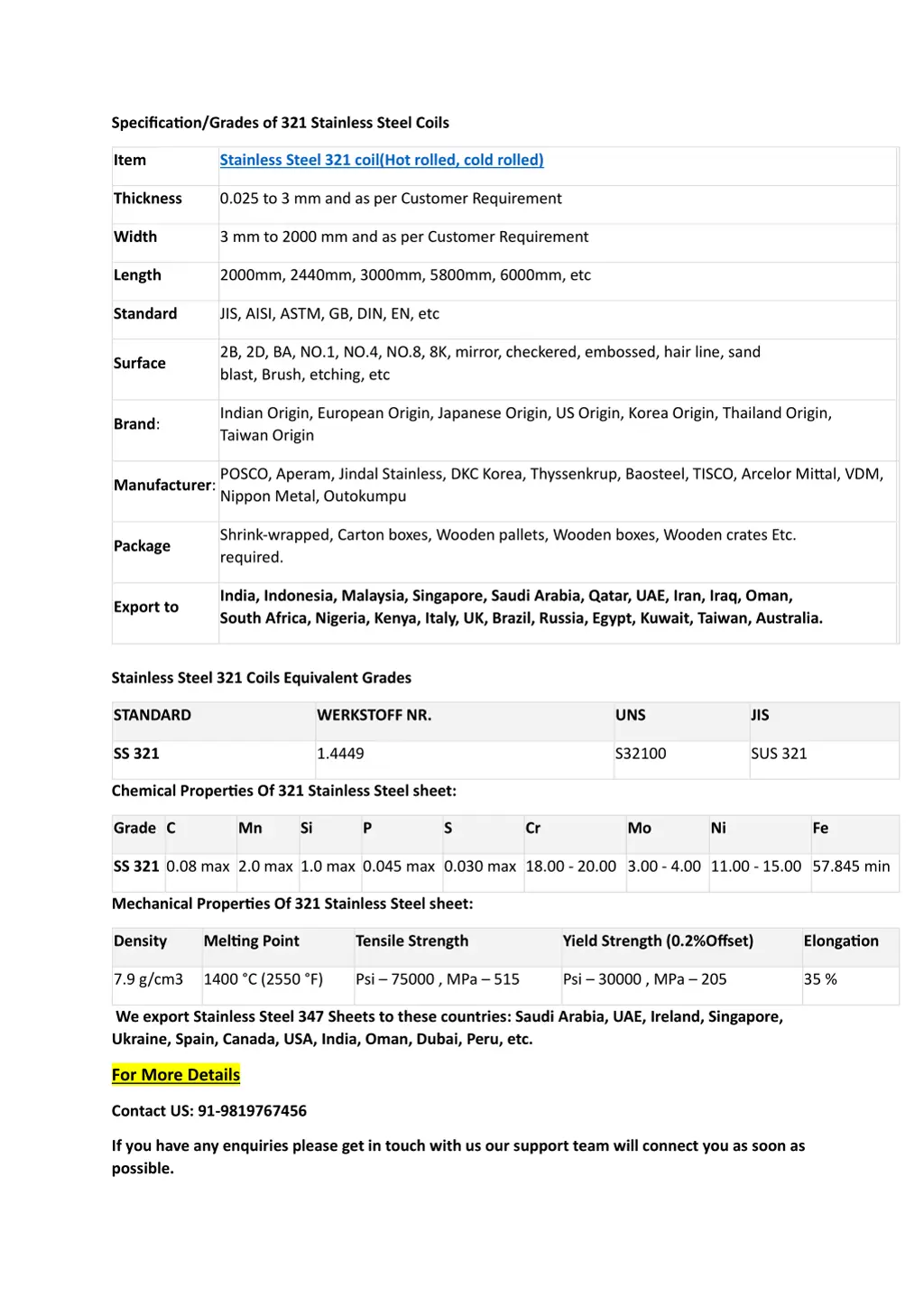 specification grades of 321 stainless steel coils