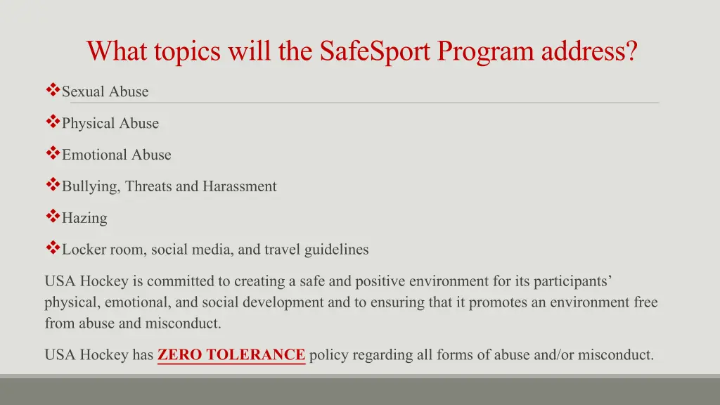 what topics will the safesport program address