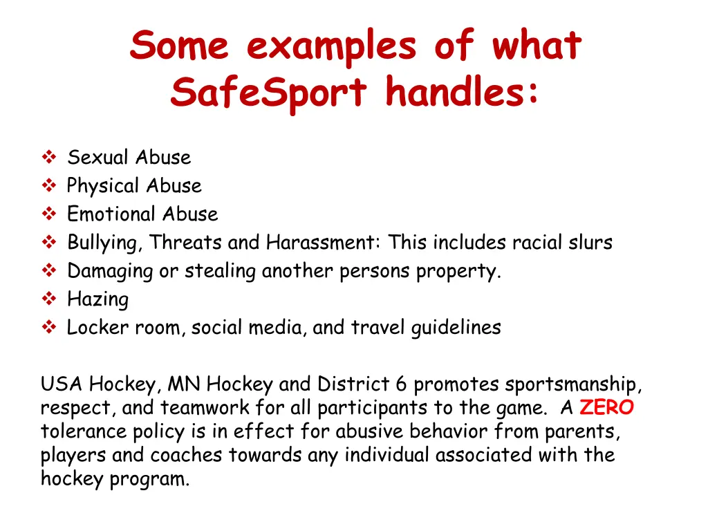 some examples of what safesport handles