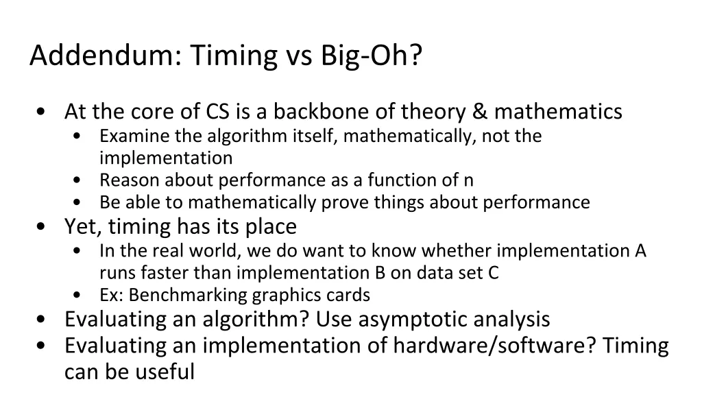 addendum timing vs big oh