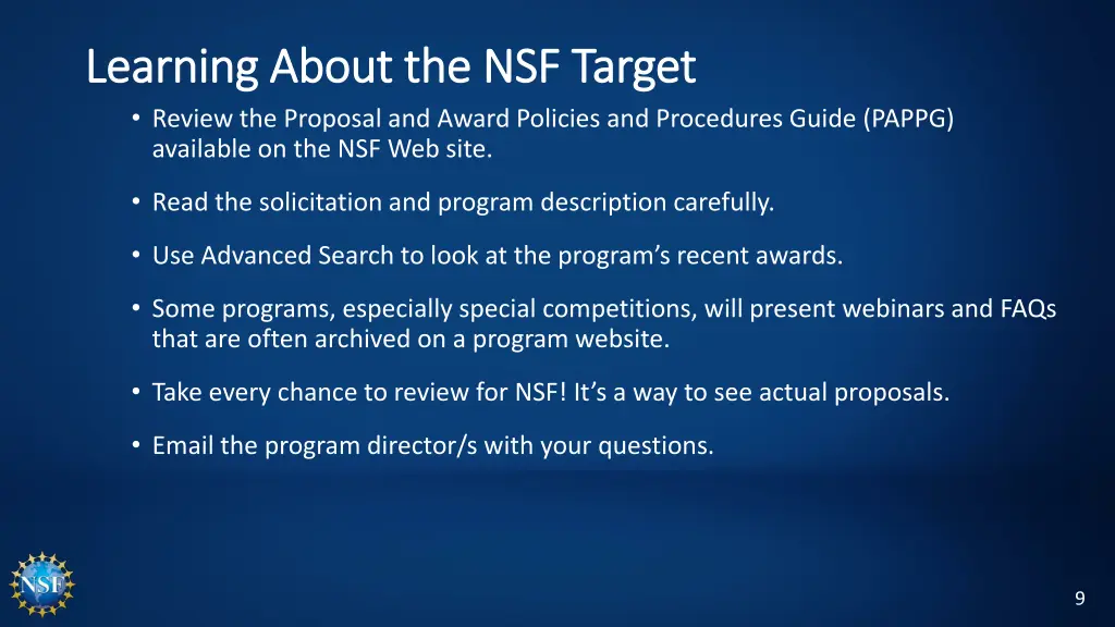 learning about the nsf target learning about