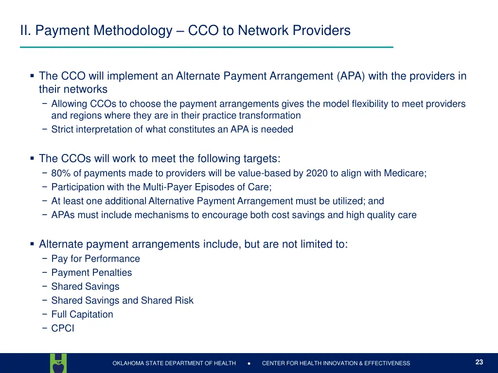 ii payment methodology cco to network providers