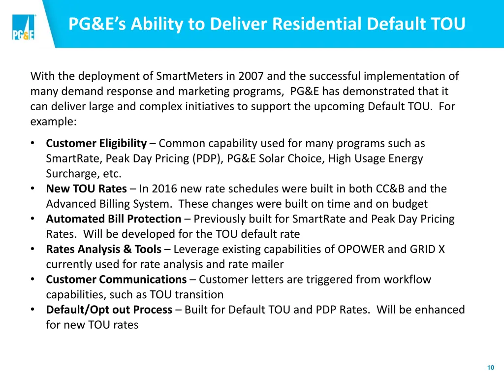 pg e s ability to deliver residential default tou