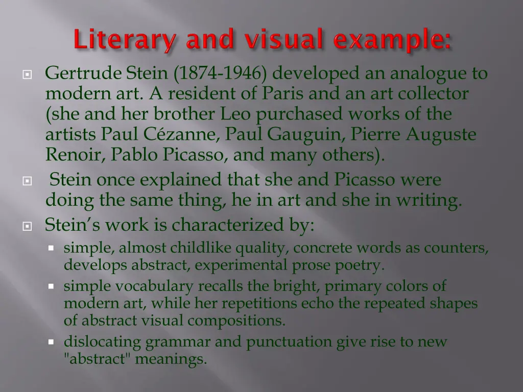 gertrude stein 1874 1946 developed an analogue