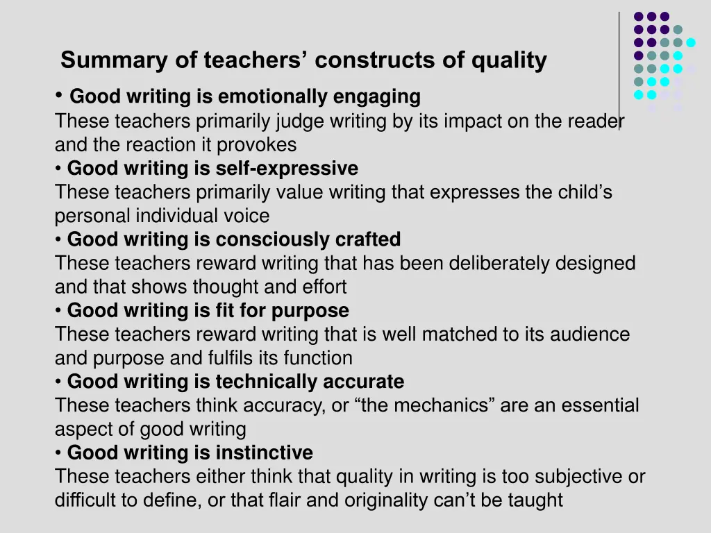 summary of teachers constructs of quality