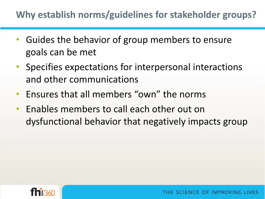 why establish norms guidelines for stakeholder