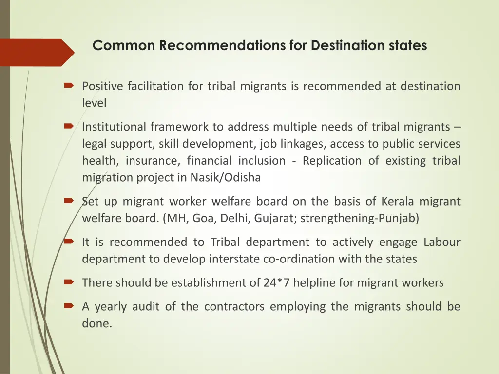 common recommendations for destination states