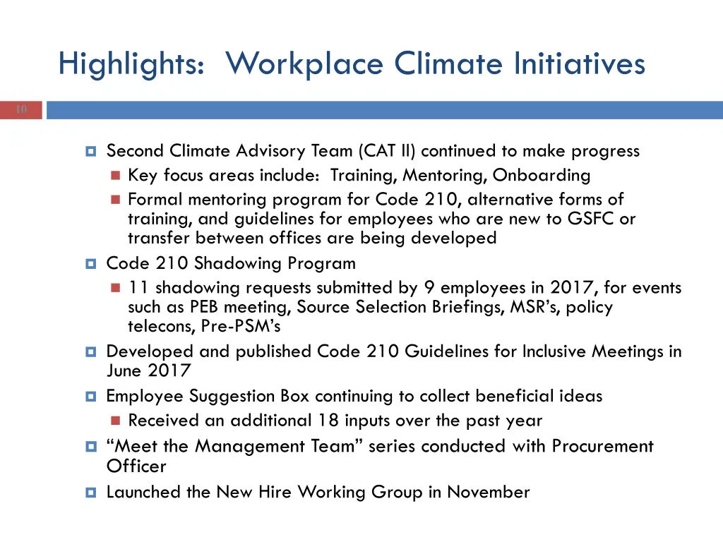 highlights workplace climate initiatives