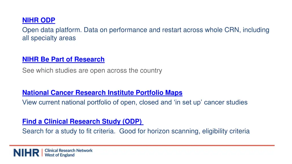 nihr odp open data platform data on performance