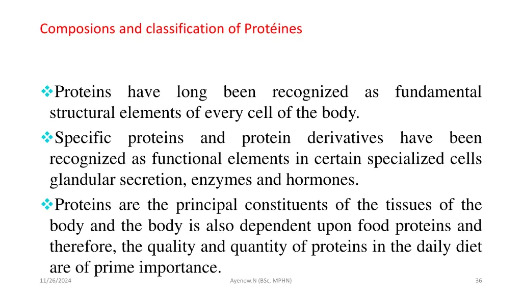 composions and classification of prot ines