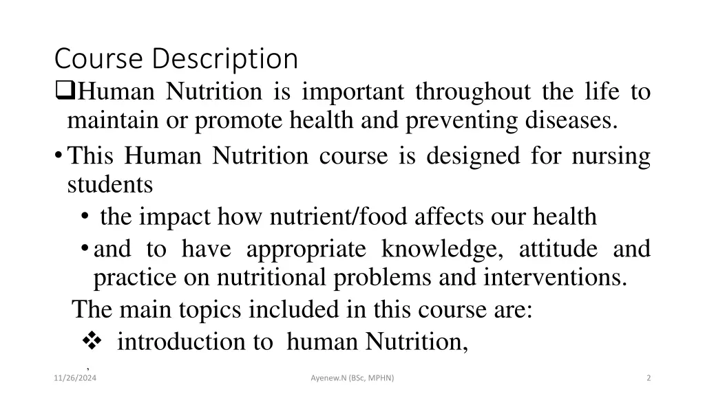 course description human nutrition is important