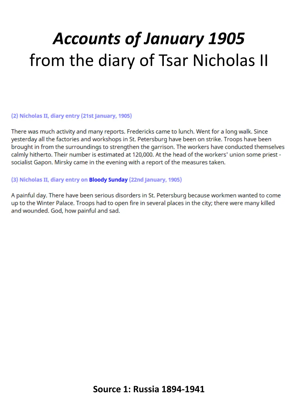 accounts of january 1905 from the diary of tsar