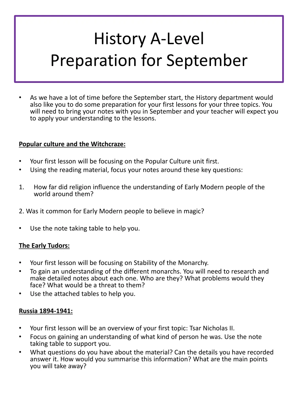 history a level preparation for september