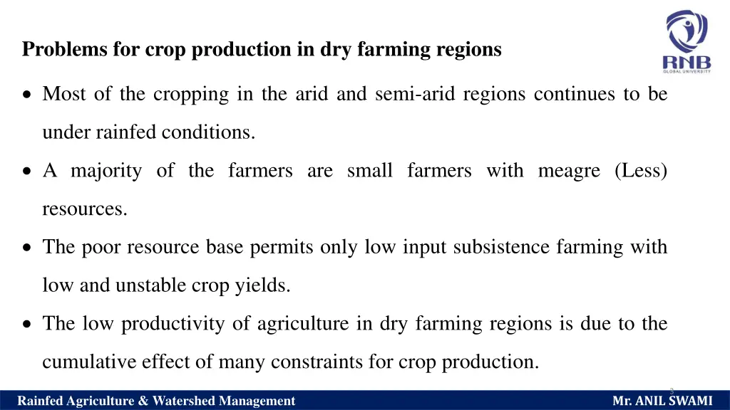 problems for crop production in dry farming