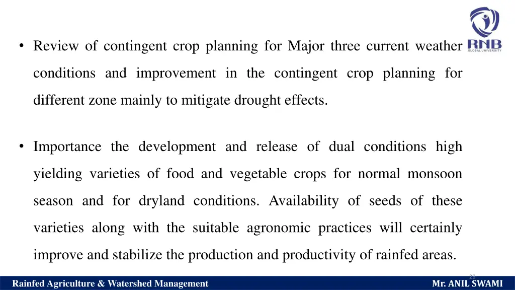 review of contingent crop planning for major