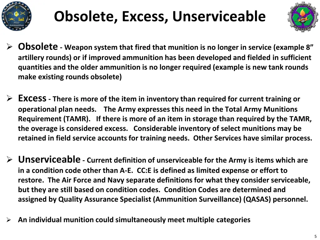 obsolete excess unserviceable