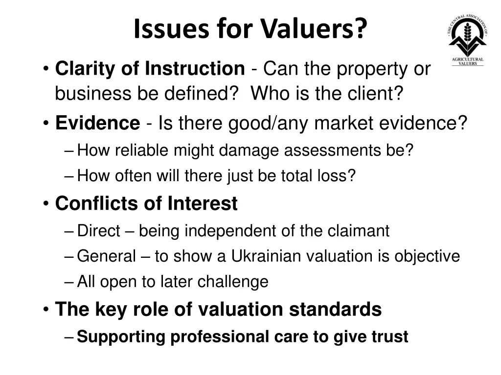 issues for valuers