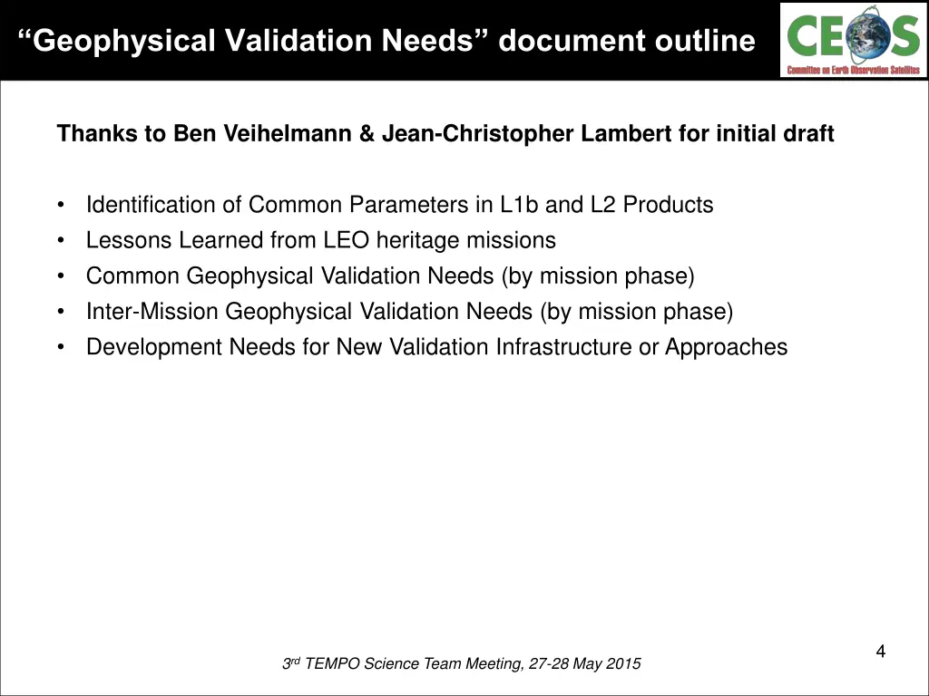 geophysical validation needs document outline