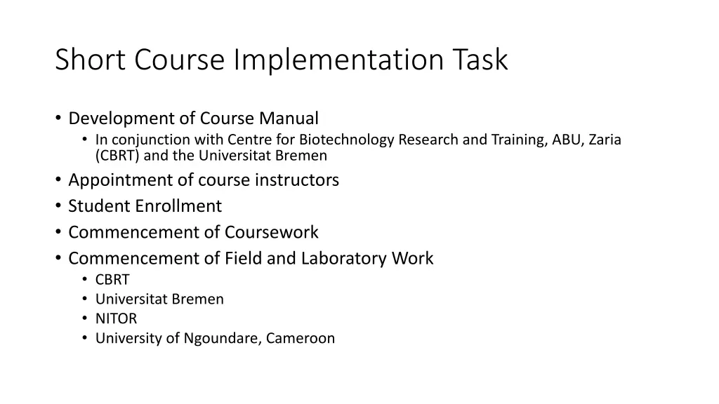 short course implementation task