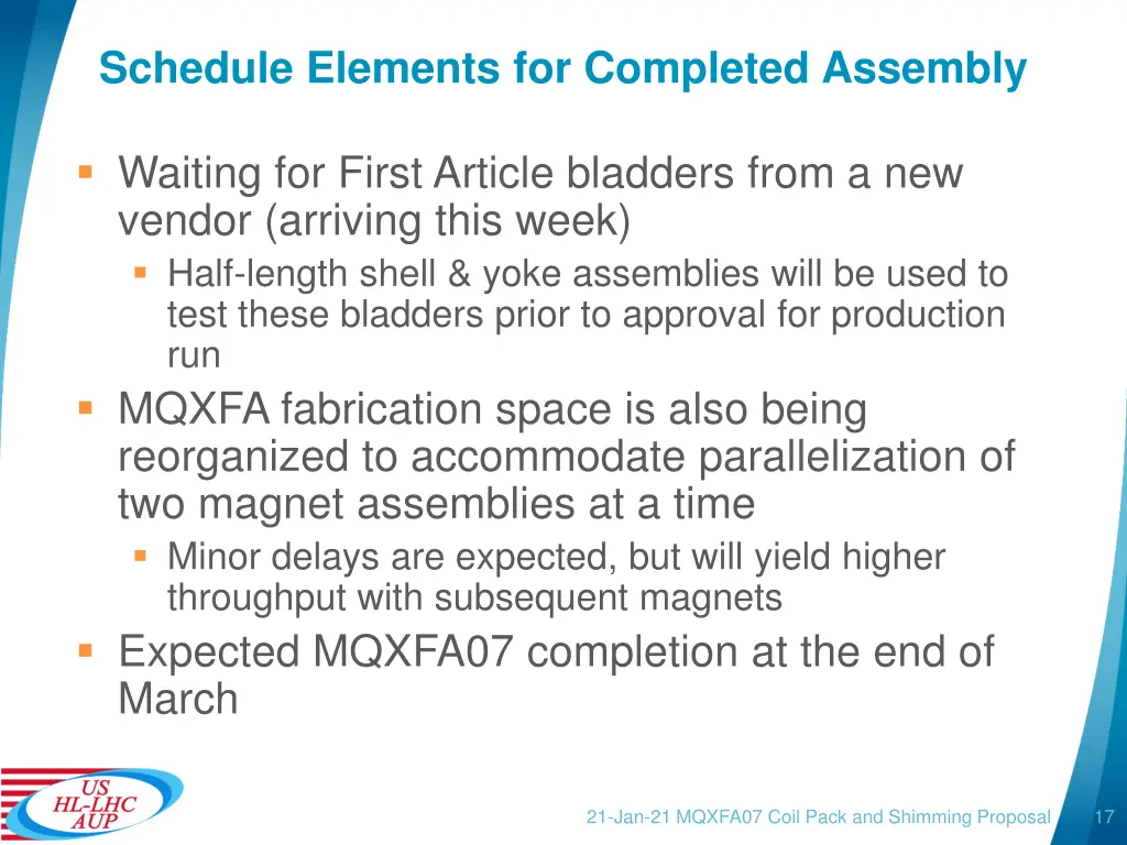 schedule elements for completed assembly