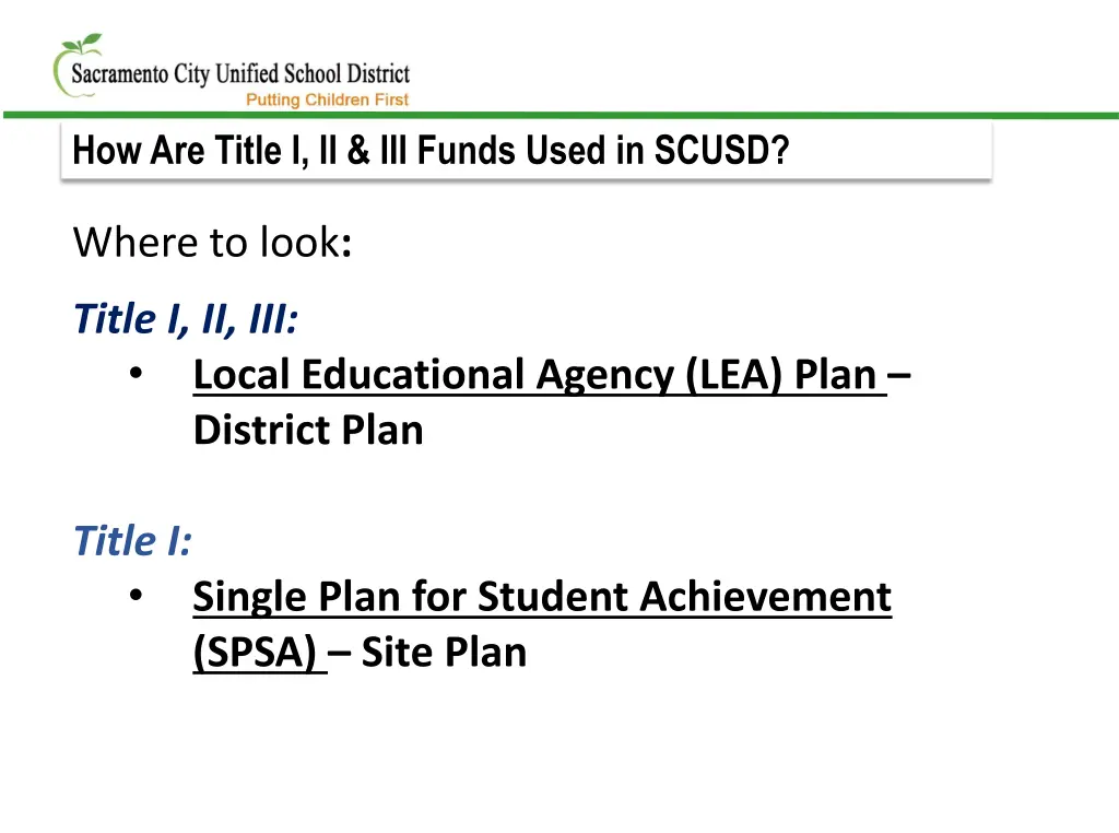 how are title i ii iii funds used in scusd