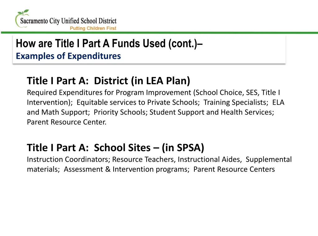 how are title i part a funds used cont examples