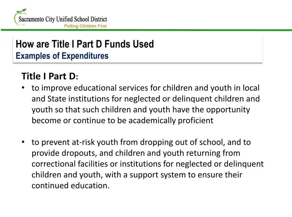 how are title i part d funds used examples