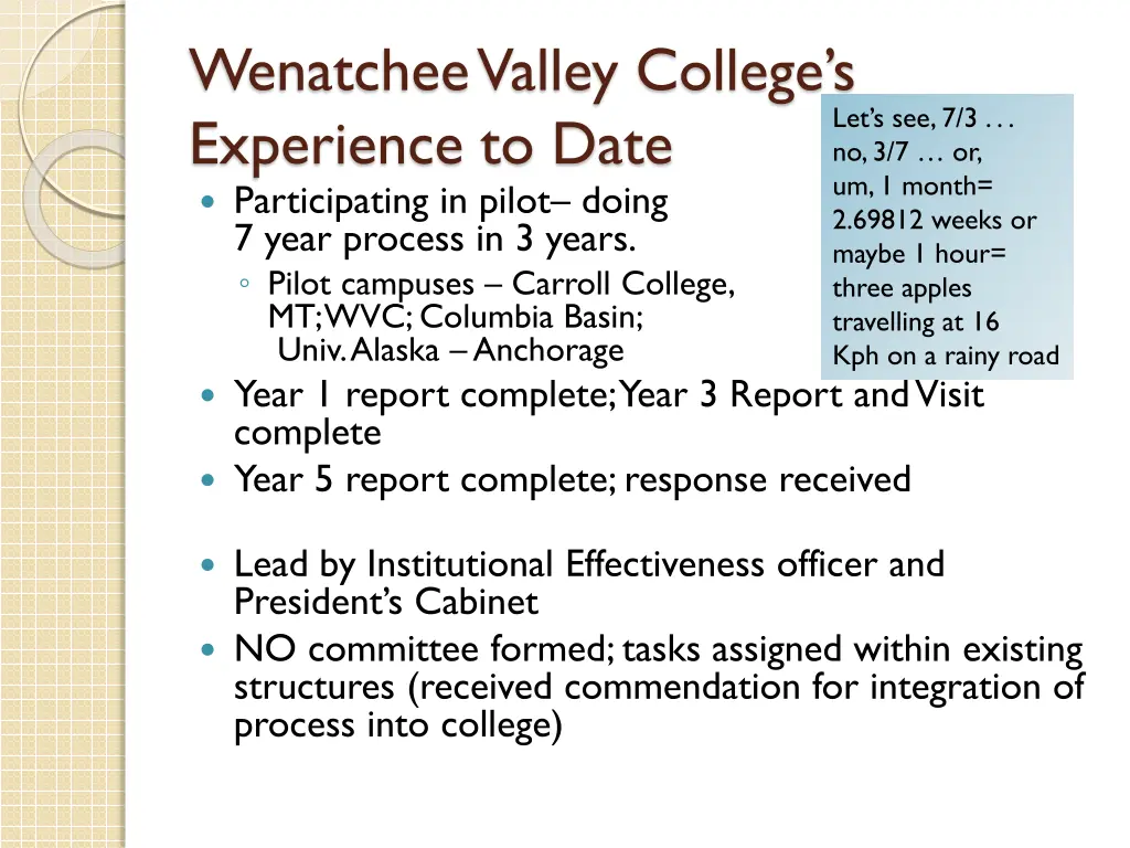 wenatchee valley college s experience to date