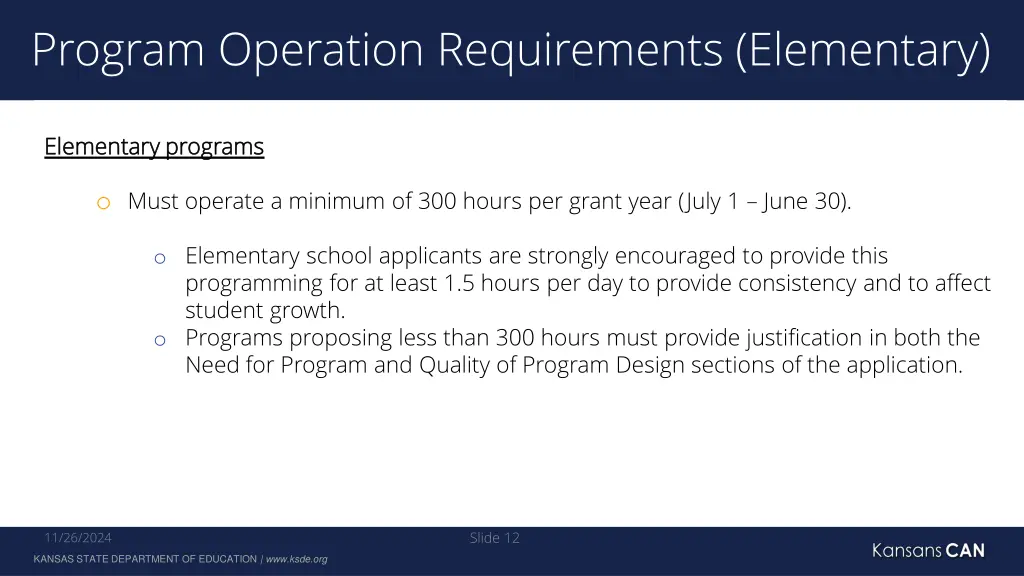 program operation requirements elementary