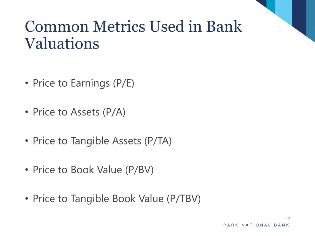 common metrics used in bank valuations