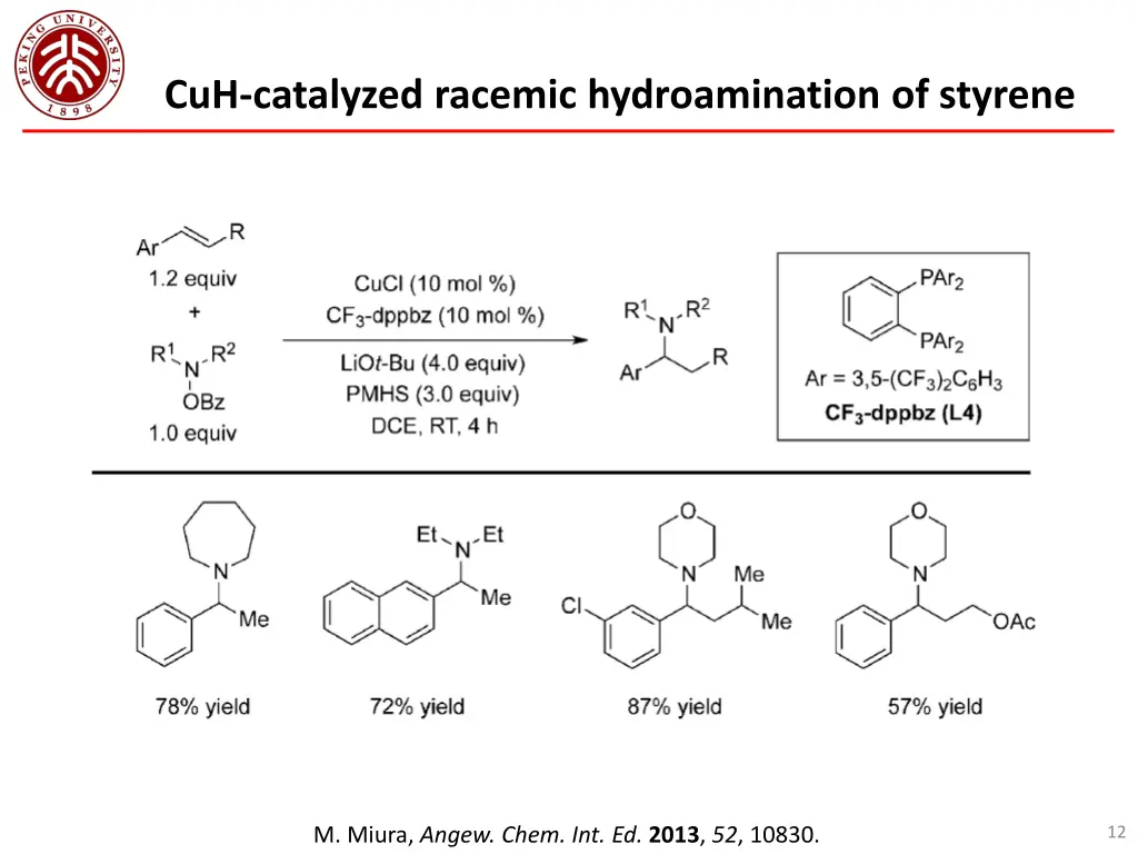 cuh catalyzed racemic hydroamination of styrene