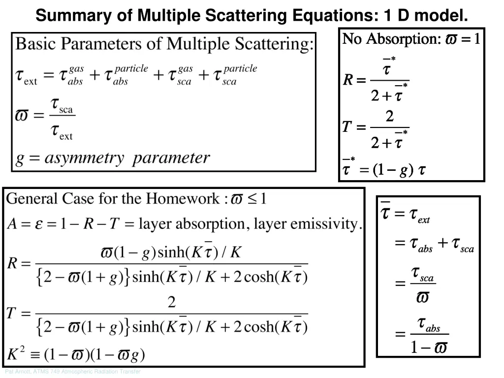 summary of multiple scattering equations 1 d model